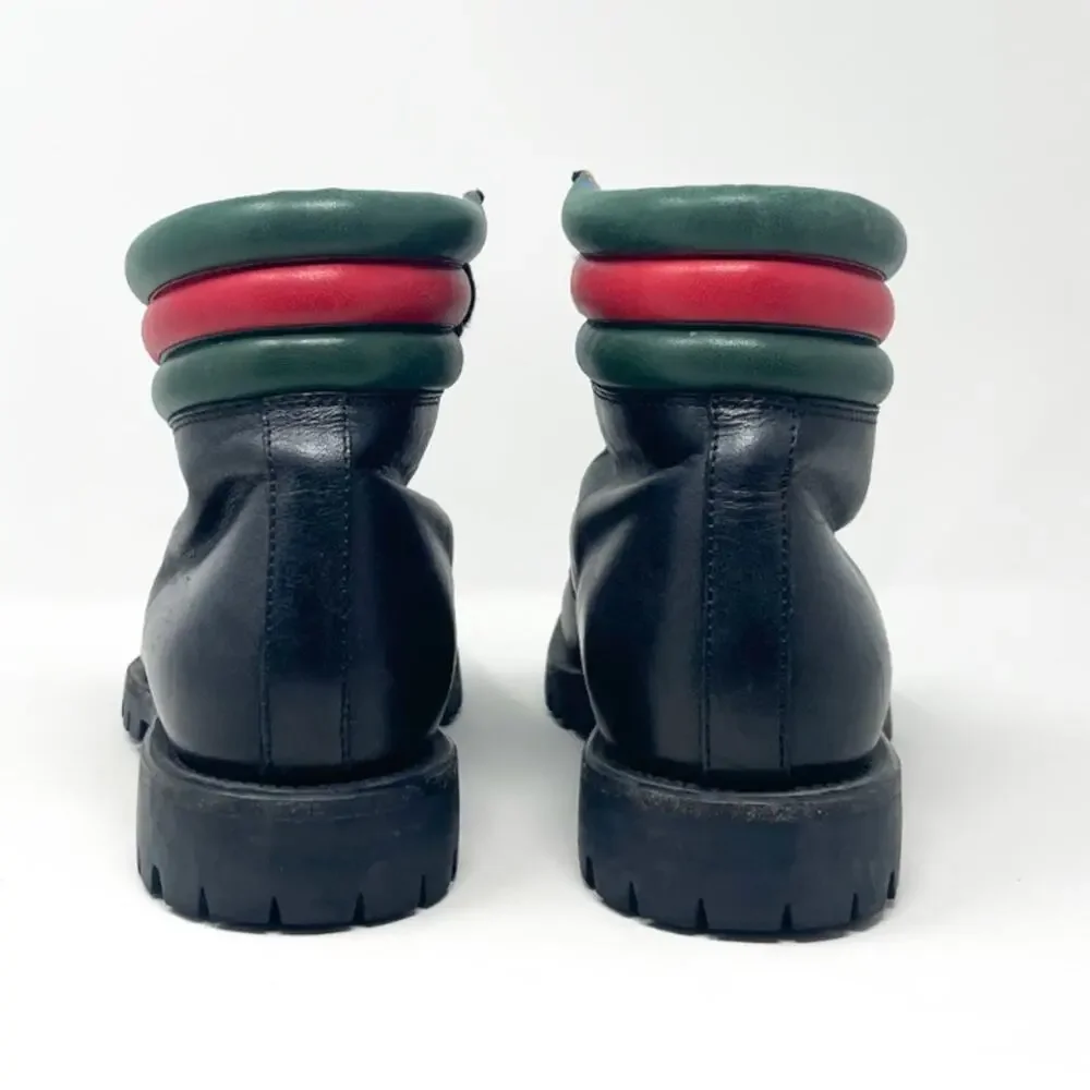 GUCCI Marland Black Leather Web Stripe Hiking Boot UK 7.5